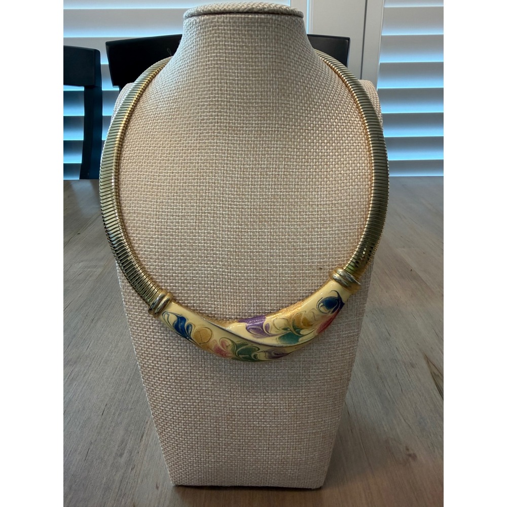Vintage Boho Whimsygoth Enamel Floral Collar Necklace Gold Tone Bib Statement